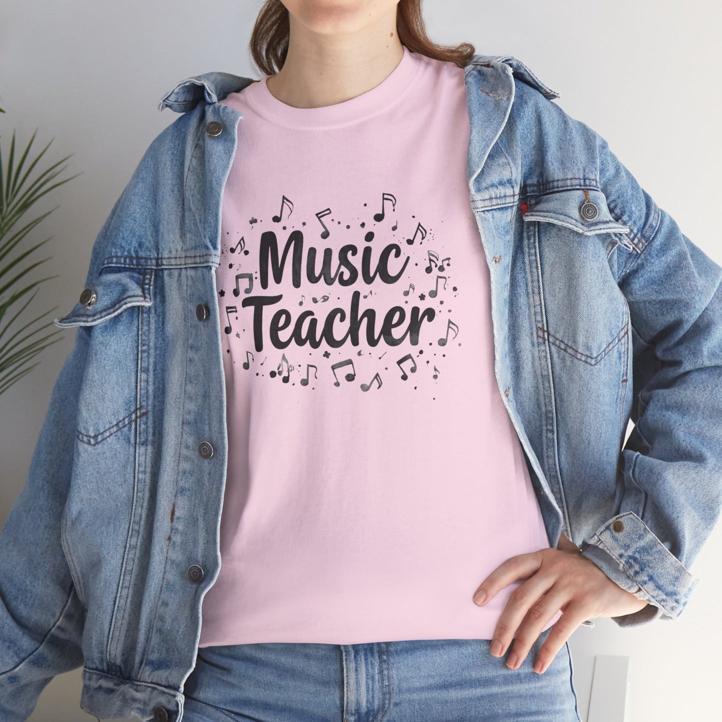 Music Teacher T-Shirt — Cute Script Design with Musical Notes