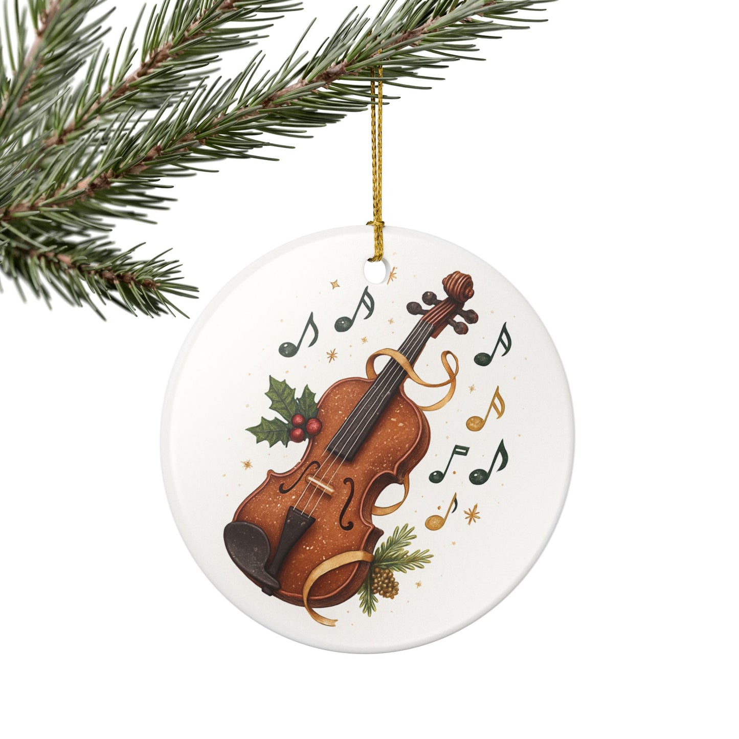 Violin Winter Ornament — Musical Holiday Ceramic Decoration