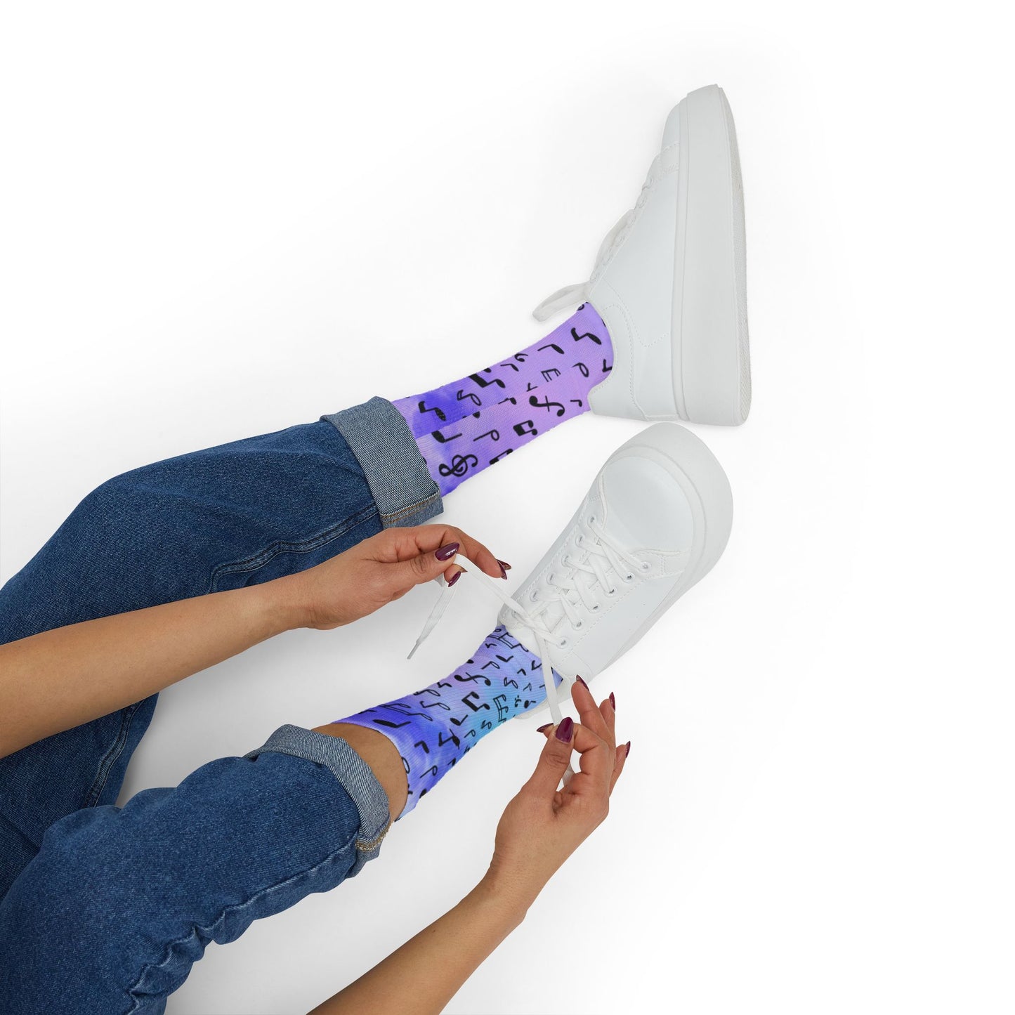Music Notes Gradient Sublimation Socks — Purple Treble Clef Crew Socks