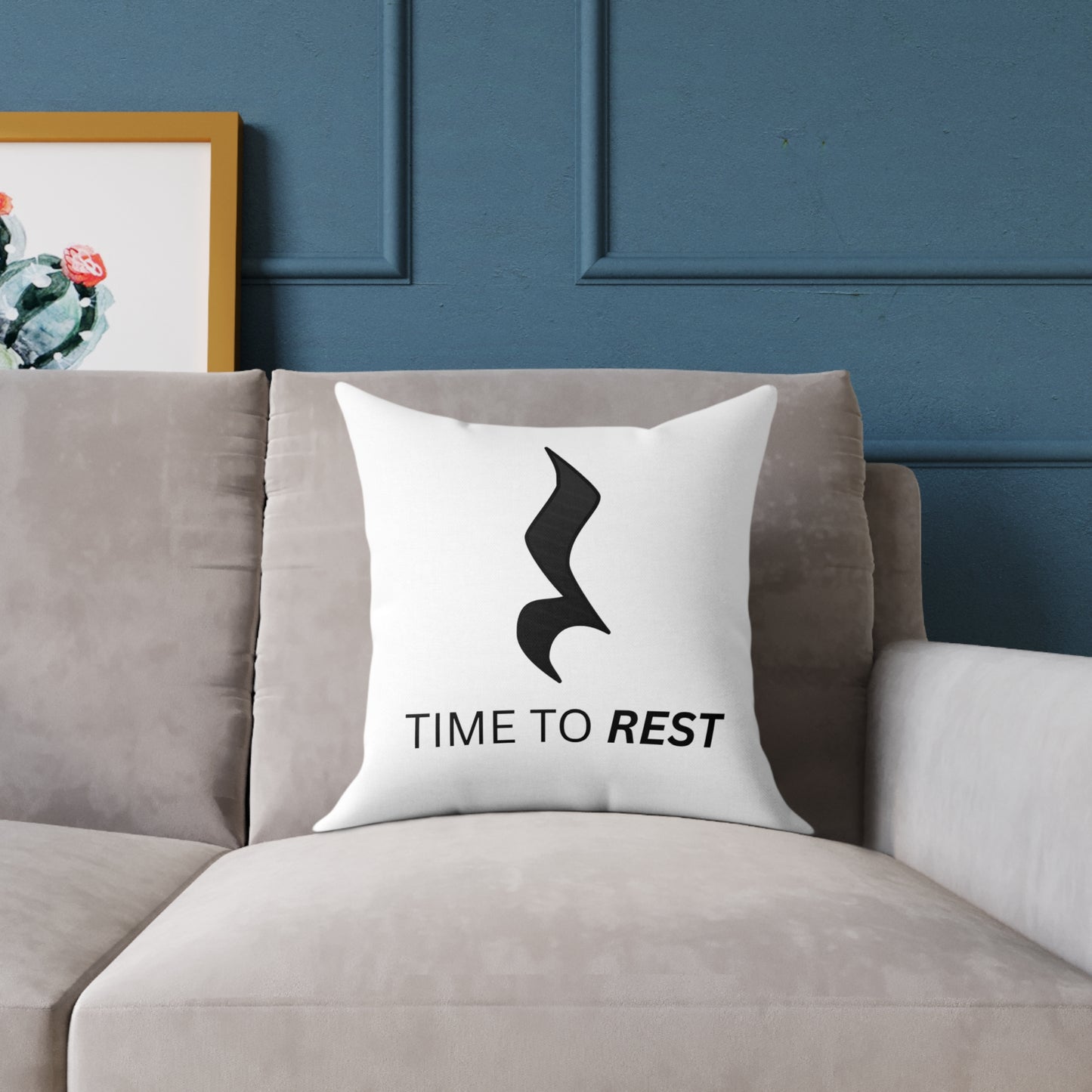 Time to Rest Square Throw Pillow — Minimalist Black Music Note Accent Pillow