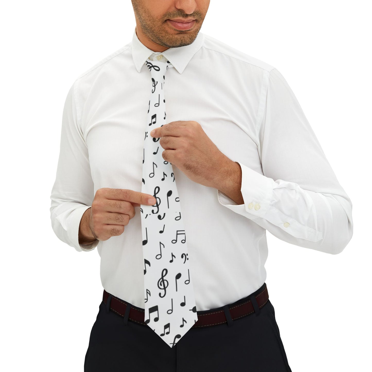 White Necktie with Black Music Notes – Music Lover Tie for Musicians, Band, Concerts & Gifts