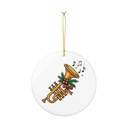 Trumpet Christmas Ornament — Festive Horn with Holly & Music Notes Ceramic Decoration