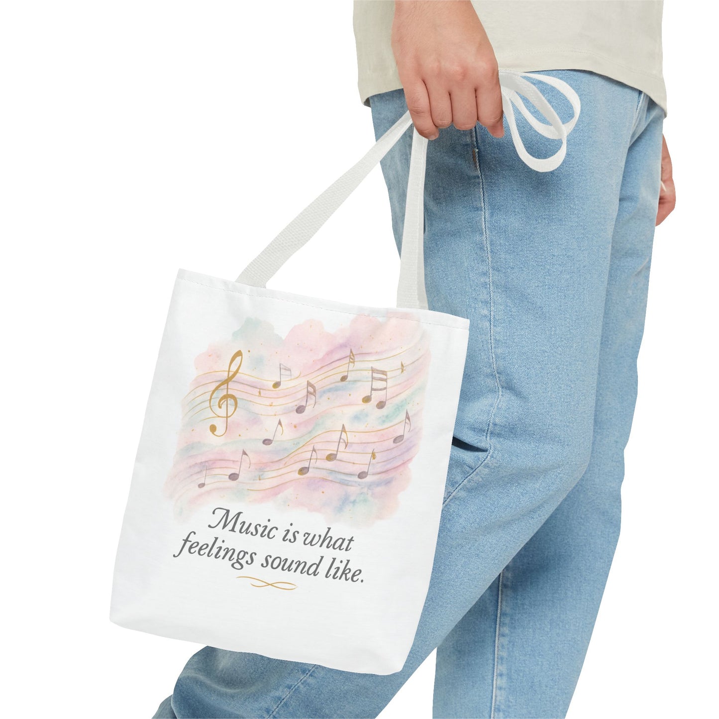 Music Quote Tote Bag — "Music is what feelings sound like" Watercolor Notes