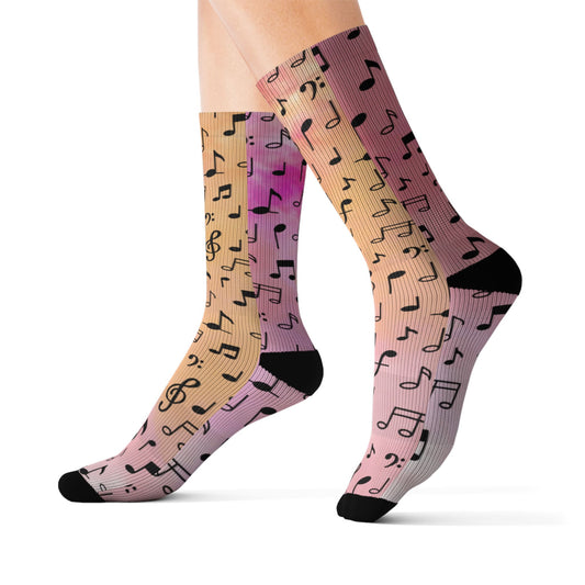 Music Notes Sublimation Socks - Pink Watercolor Musical Crew Socks