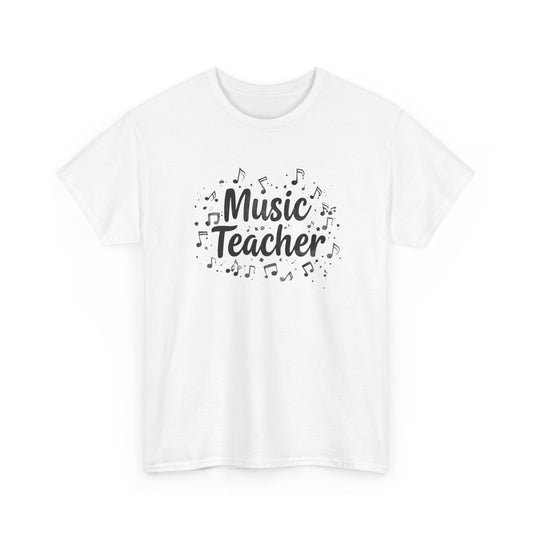 Music Teacher T-Shirt — Cute Script Design with Musical Notes