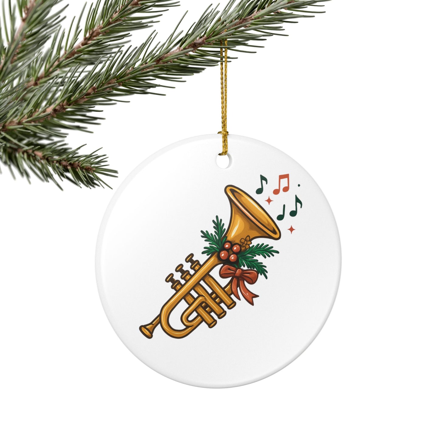 Trumpet Christmas Ornament — Festive Horn with Holly & Music Notes Ceramic Decoration