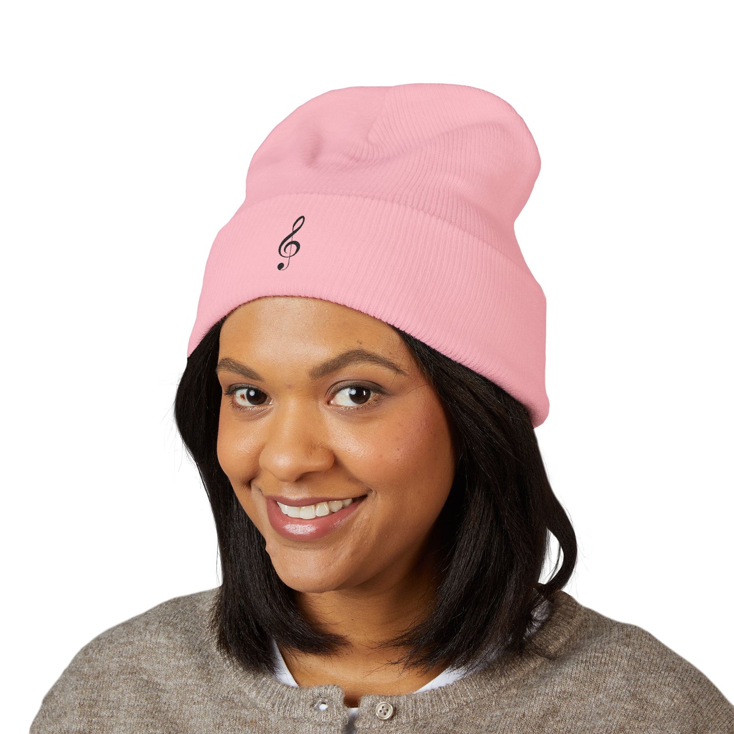 Embroidered Treble Clef Cuffed Beanie — Musician Knit Hat