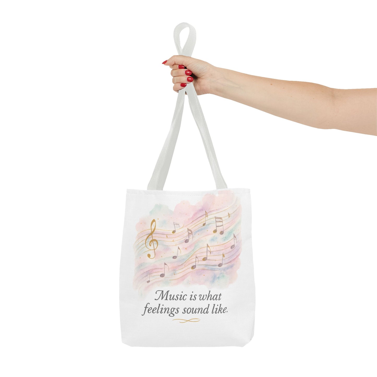 Music Quote Tote Bag — "Music is what feelings sound like" Watercolor Notes
