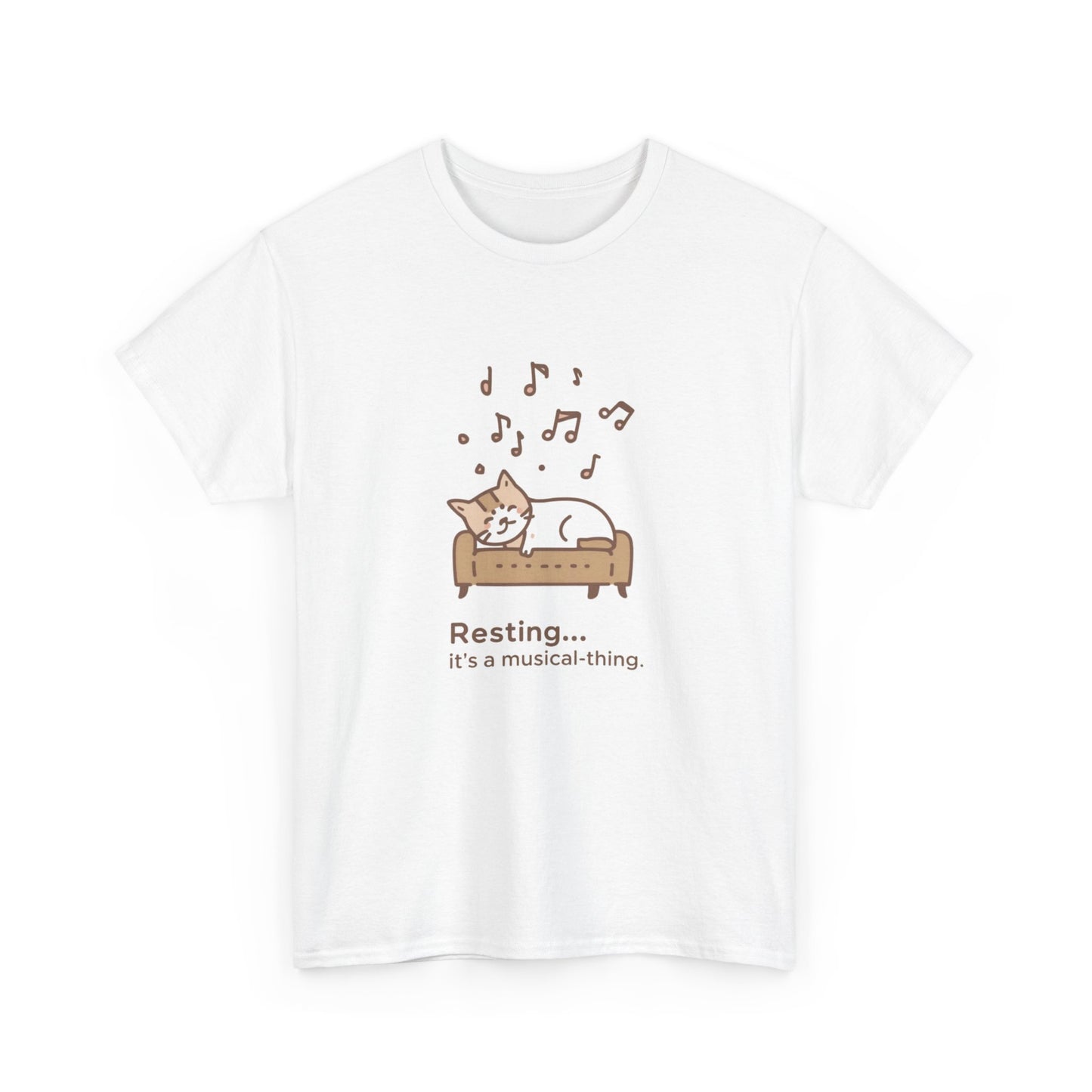 T-Shirt — "Resting... it's a musical thing." Cute Sleeping Cat Music Tee