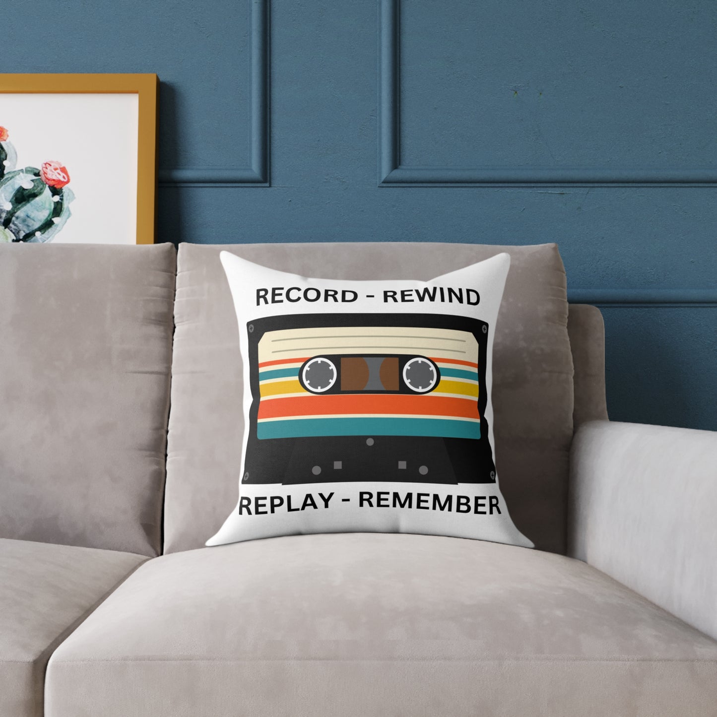Retro Cassette Tape Pillow — "Record • Rewind • Replay • Remember" Square Throw Pillow