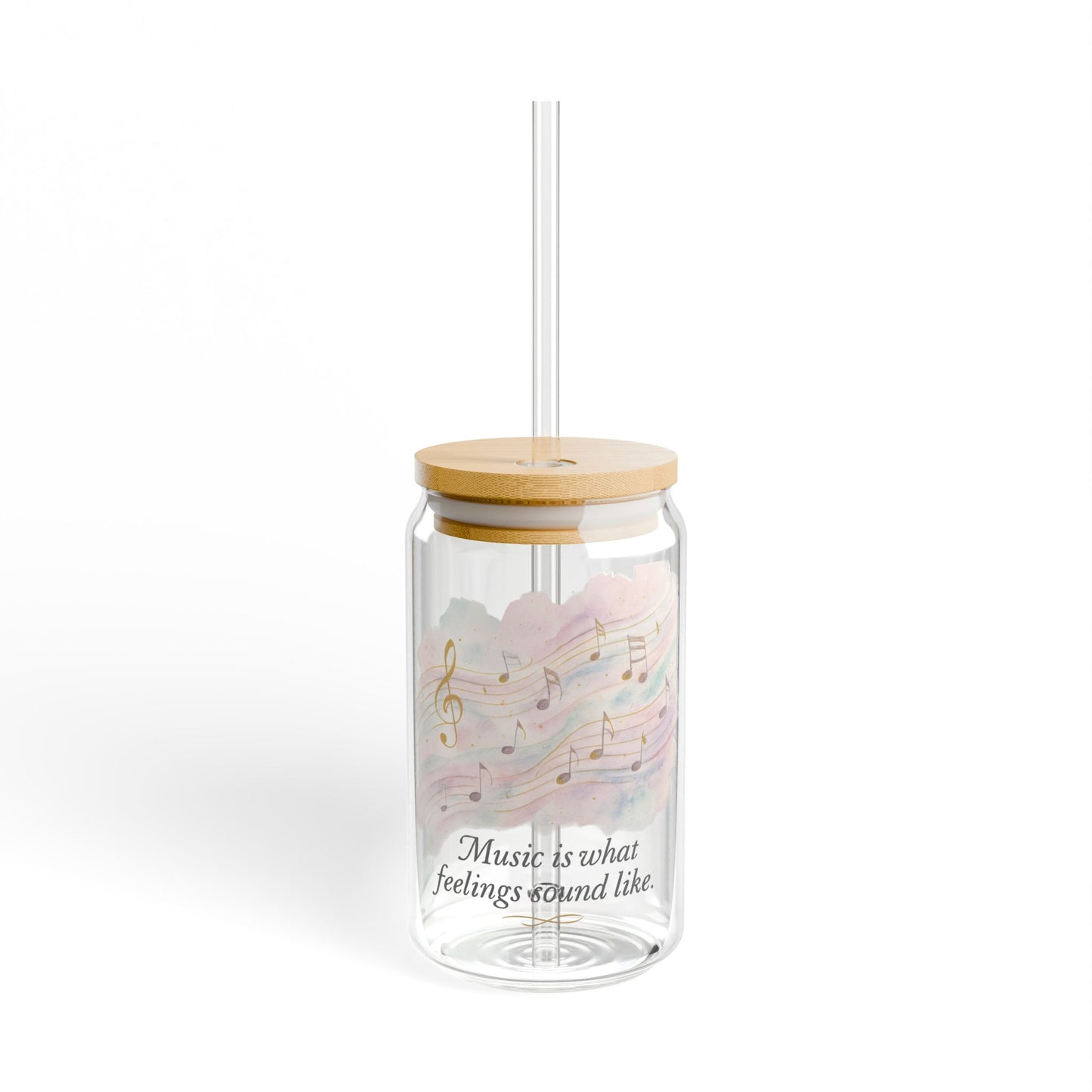 Music Notes 16oz Sipper Glass with Bamboo Lid — "Music is what feelings sound like"