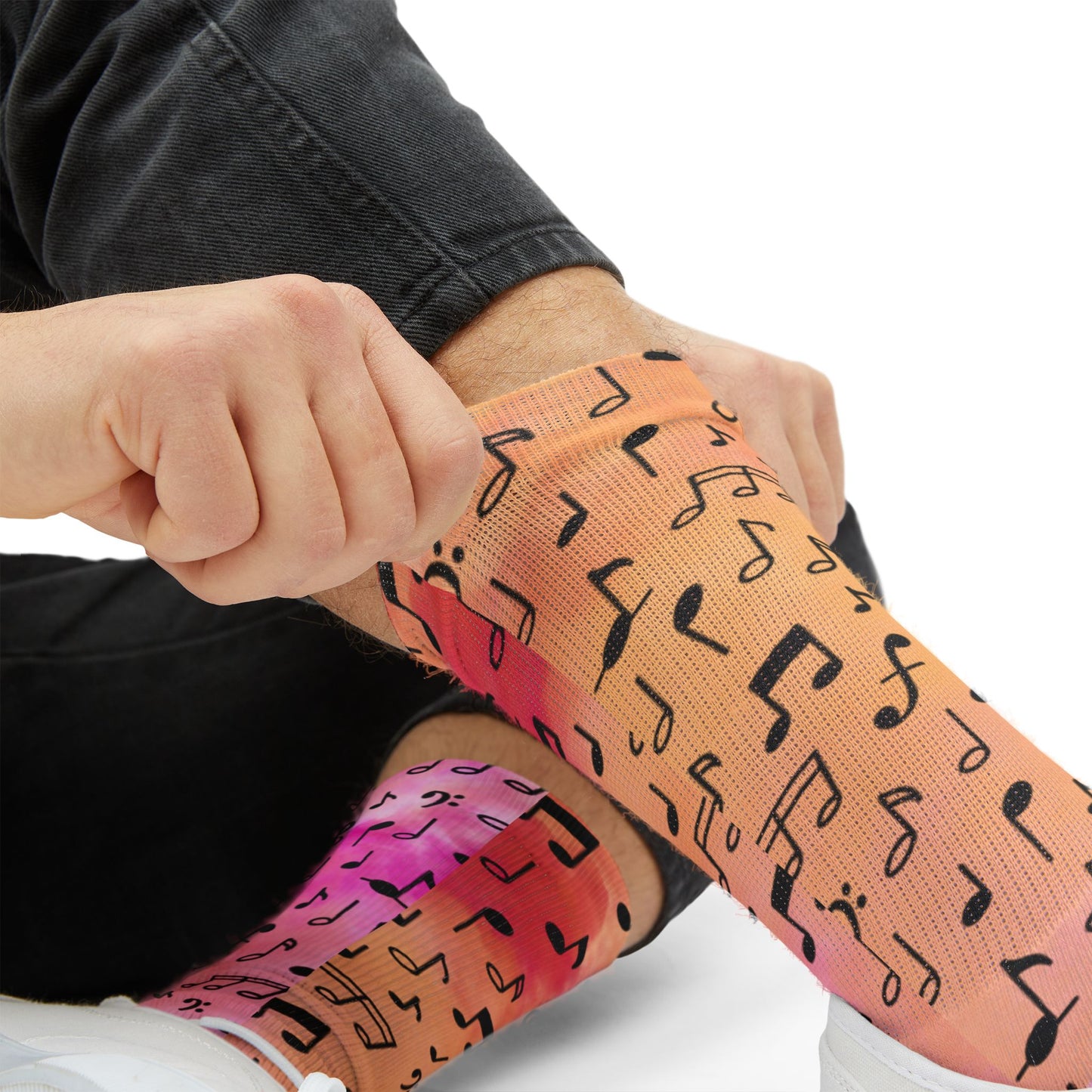 Music Notes Sublimation Socks - Pink Watercolor Musical Crew Socks