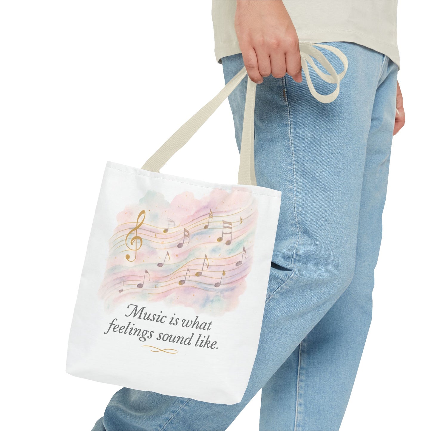 Music Quote Tote Bag — "Music is what feelings sound like" Watercolor Notes