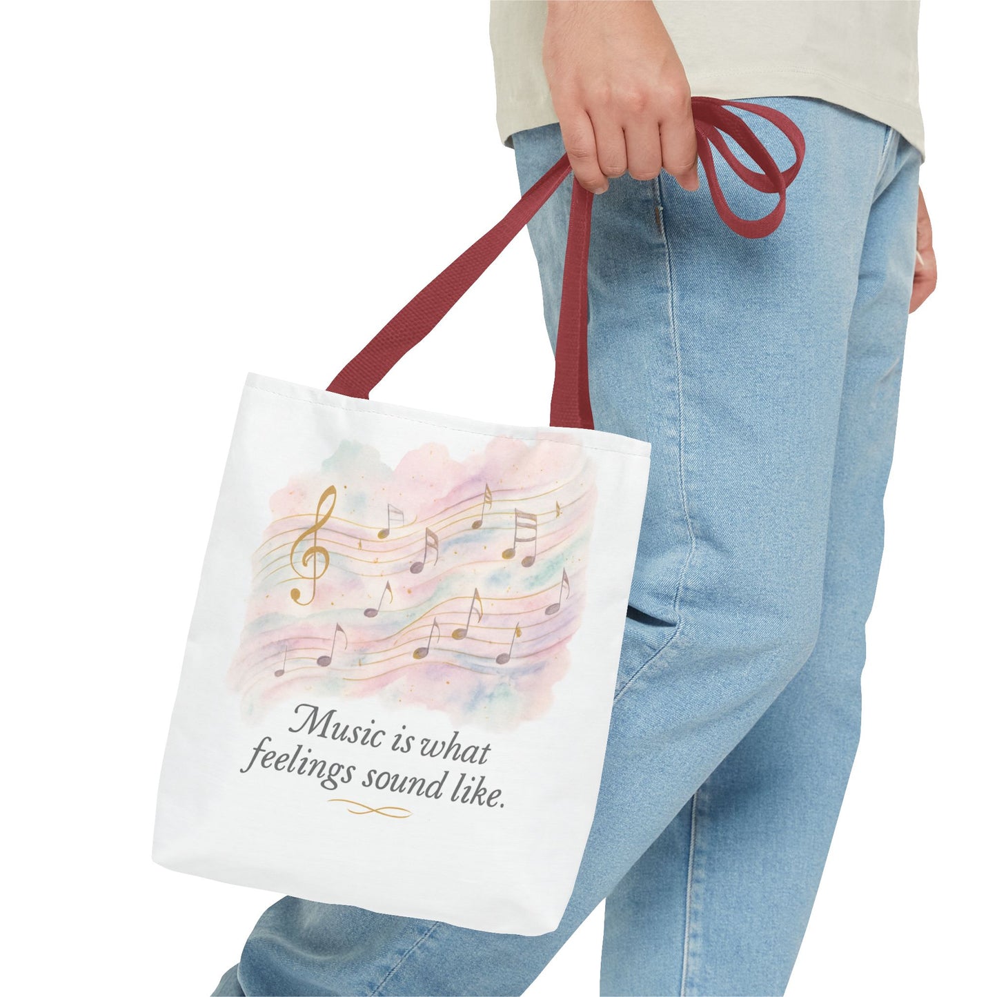 Music Quote Tote Bag — "Music is what feelings sound like" Watercolor Notes