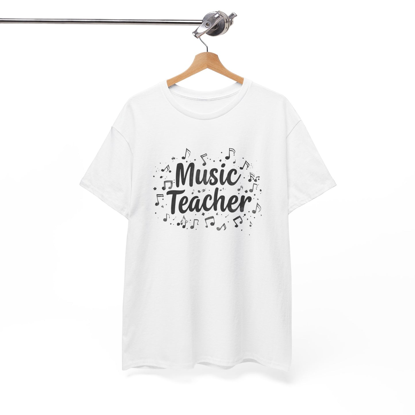 Music Teacher T-Shirt — Cute Script Design with Musical Notes