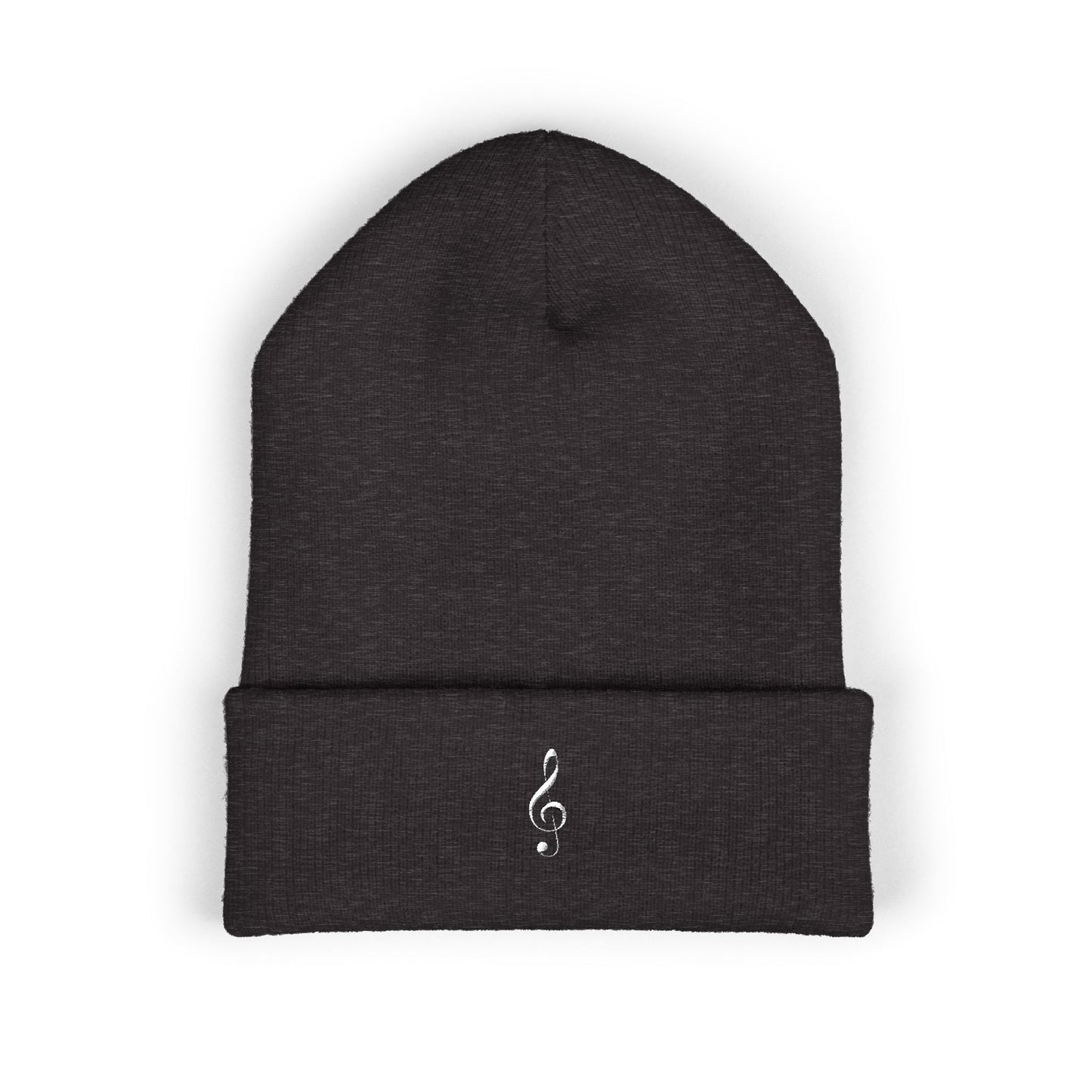 Embroidered White Treble Clef Cuffed Beanie