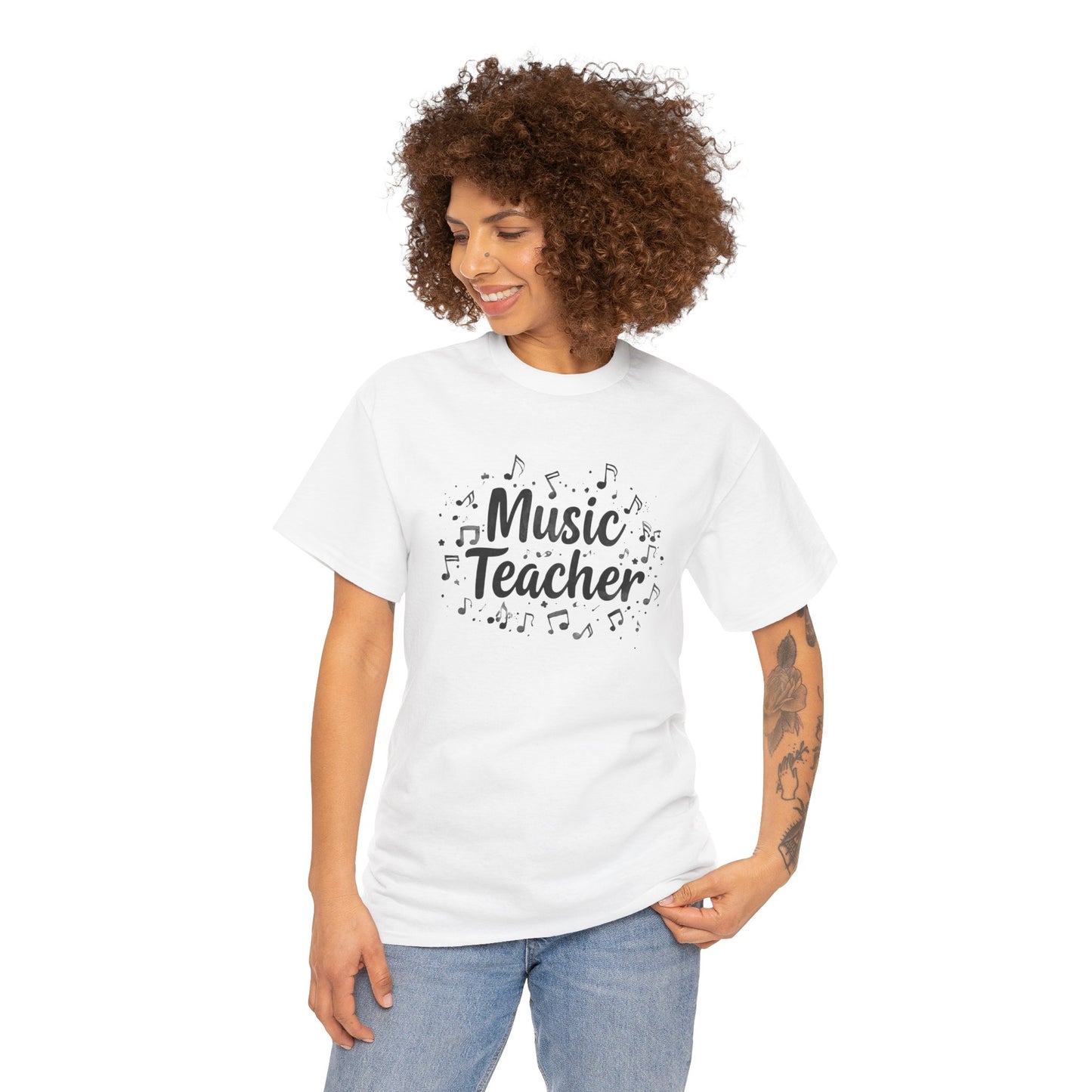 Music Teacher T-Shirt — Cute Script Design with Musical Notes