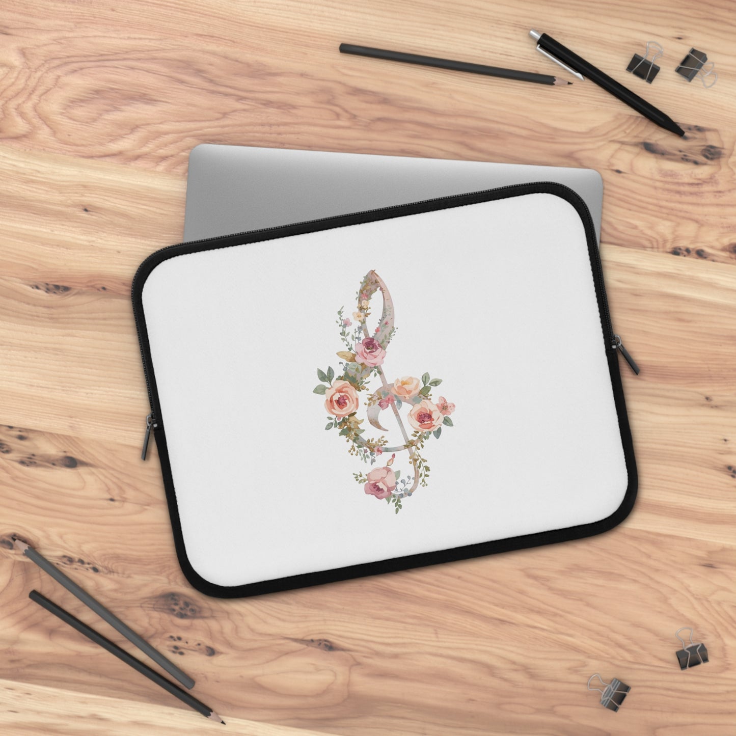 Floral Treble Clef Laptop Sleeve — Watercolor Rose Music Design