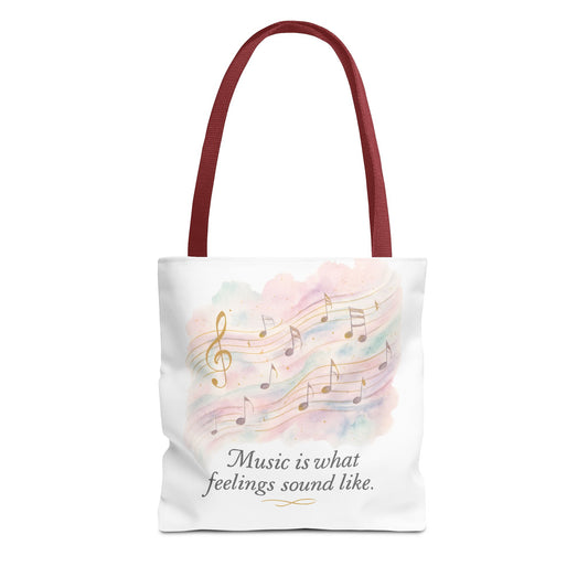 Music Quote Tote Bag — "Music is what feelings sound like" Watercolor Notes