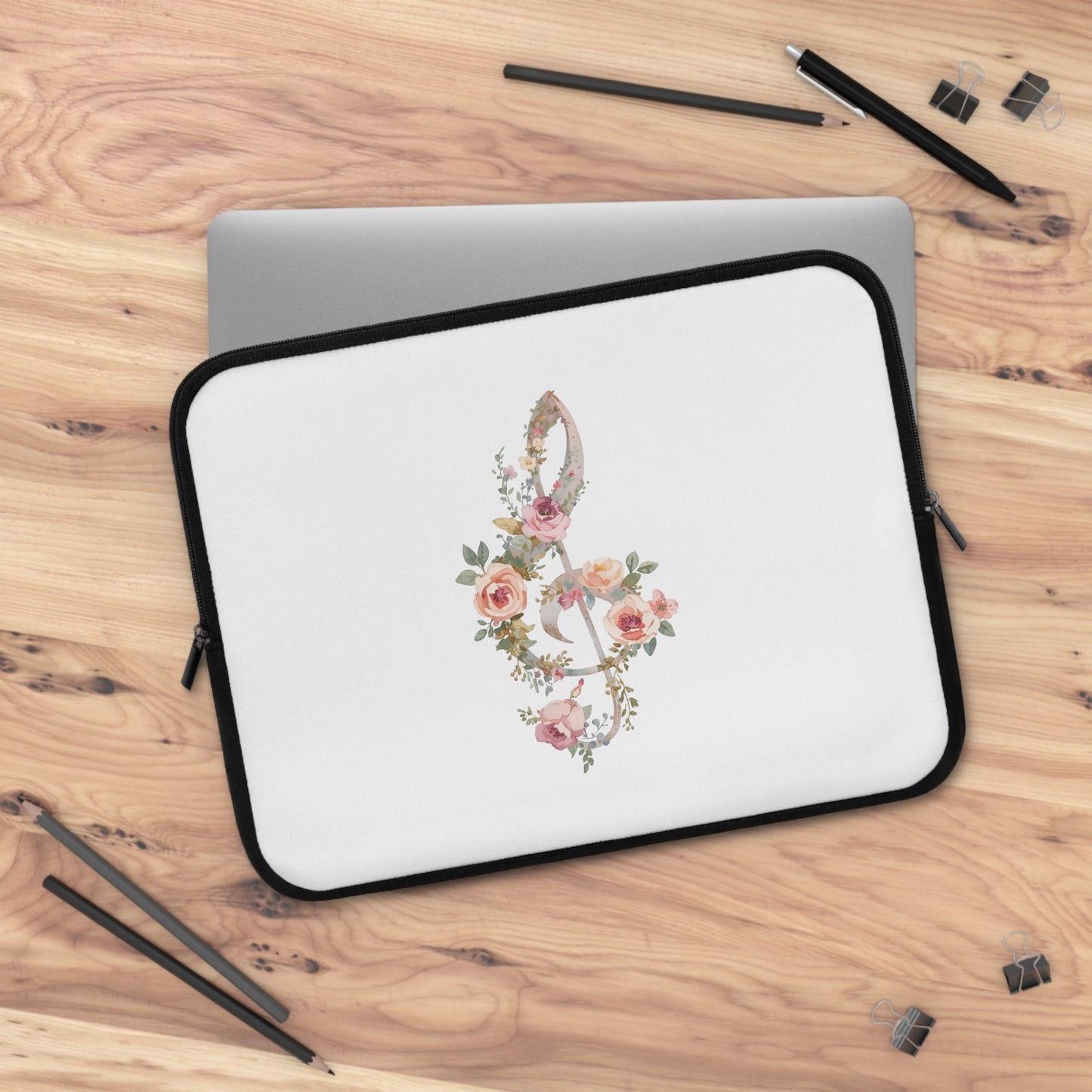 Floral Treble Clef Laptop Sleeve — Watercolor Rose Music Design