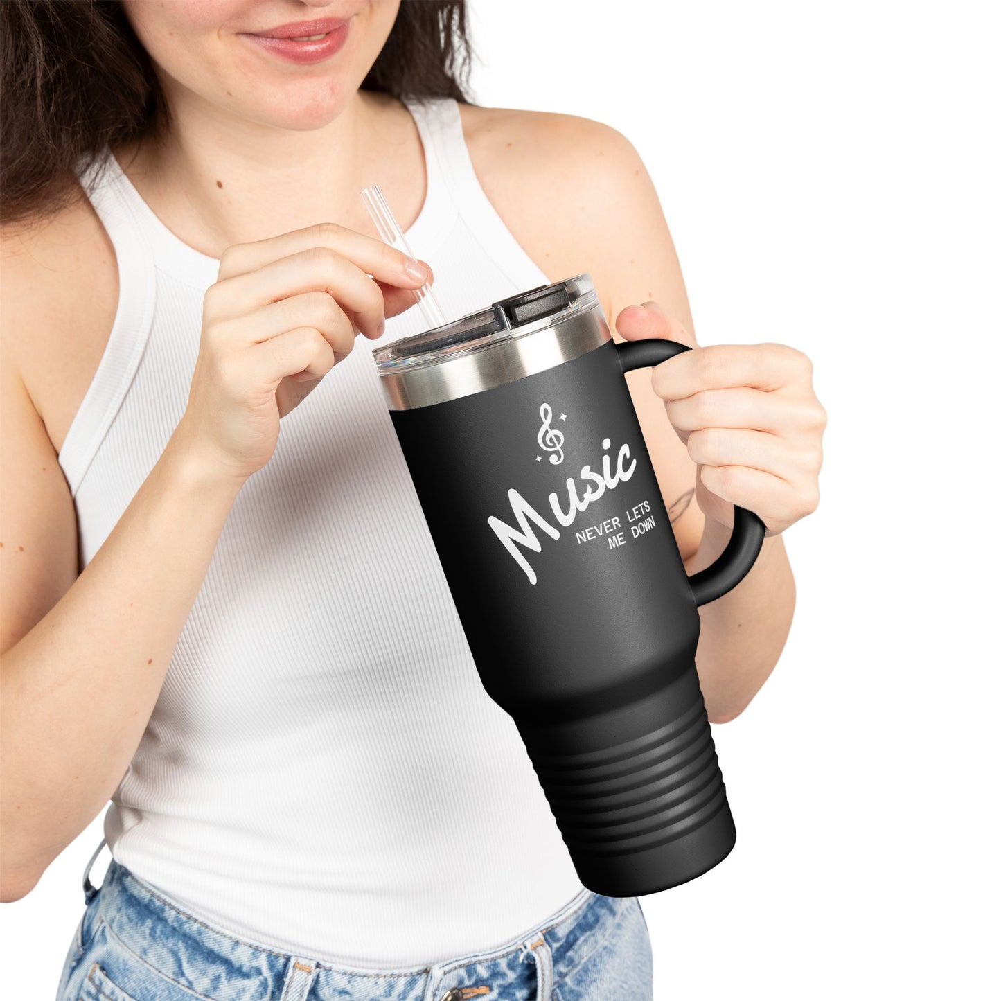 "Music Never Lets Me Down" Stainless Tumbler with Handle - 40oz Insulated Travel Mug