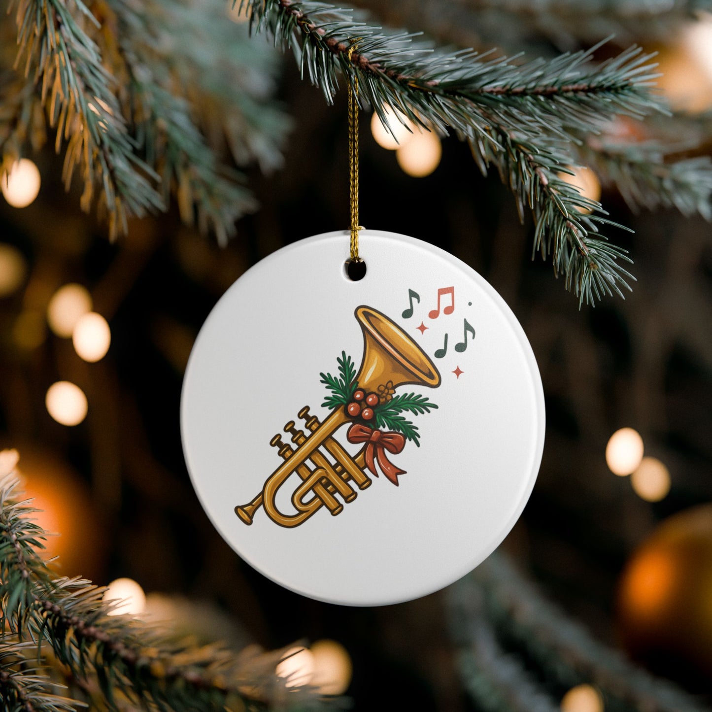 Trumpet Christmas Ornament — Festive Horn with Holly & Music Notes Ceramic Decoration