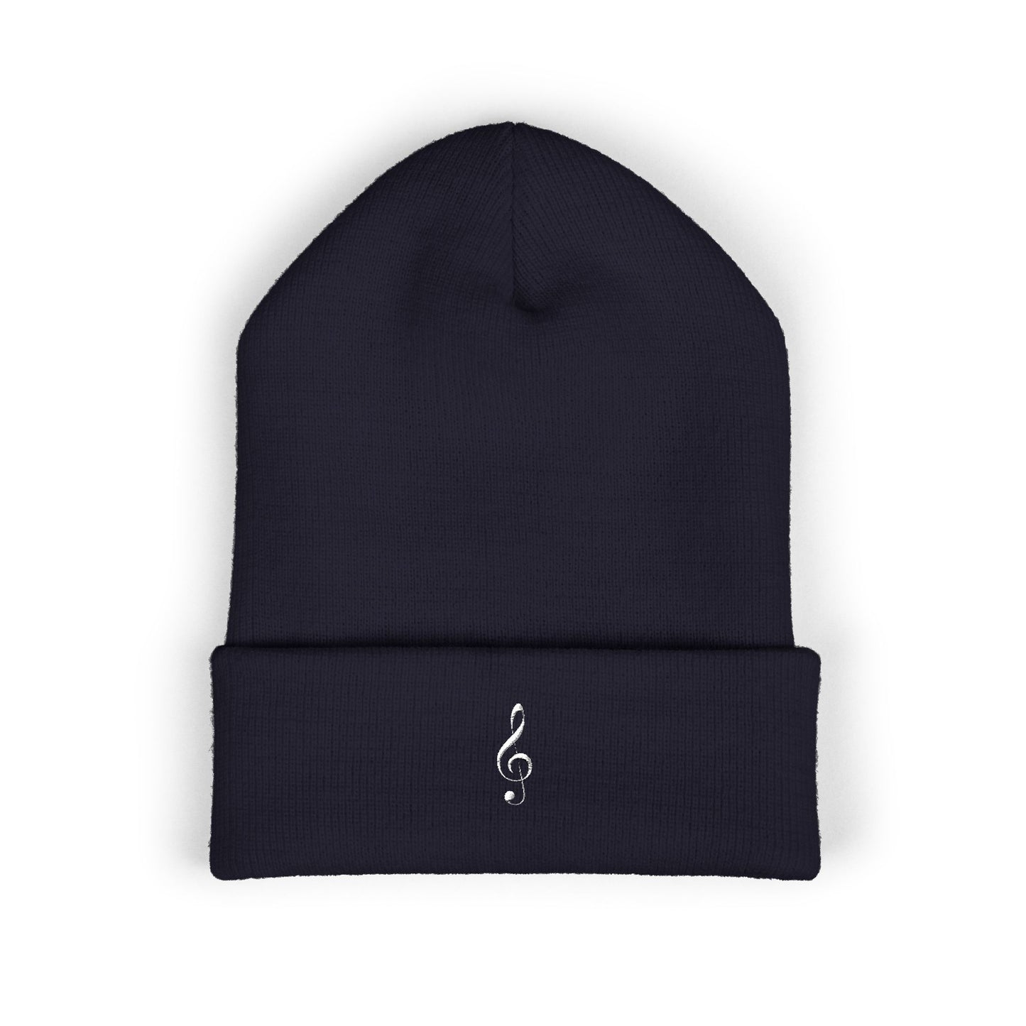 Embroidered White Treble Clef Cuffed Beanie