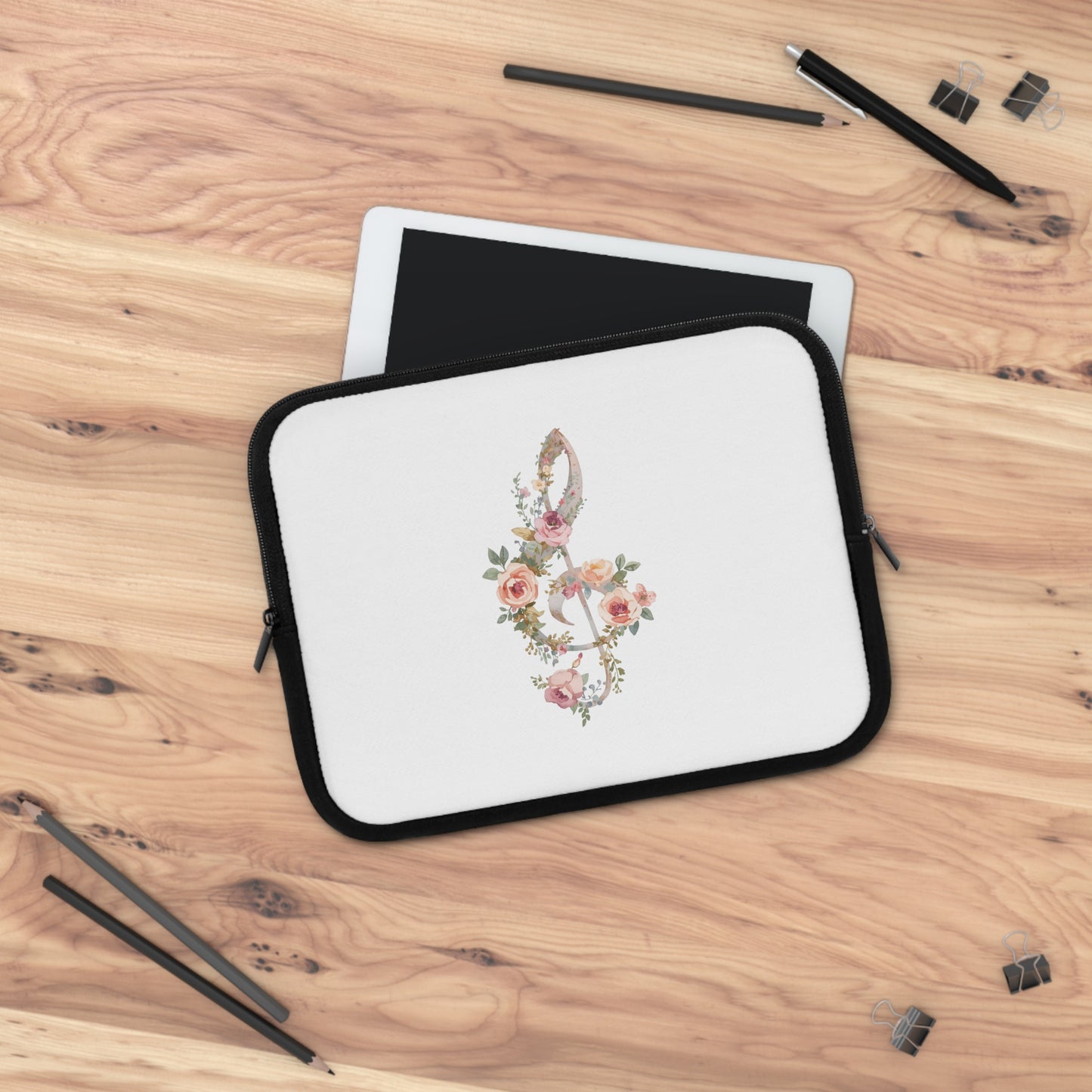Floral Treble Clef Laptop Sleeve — Watercolor Rose Music Design