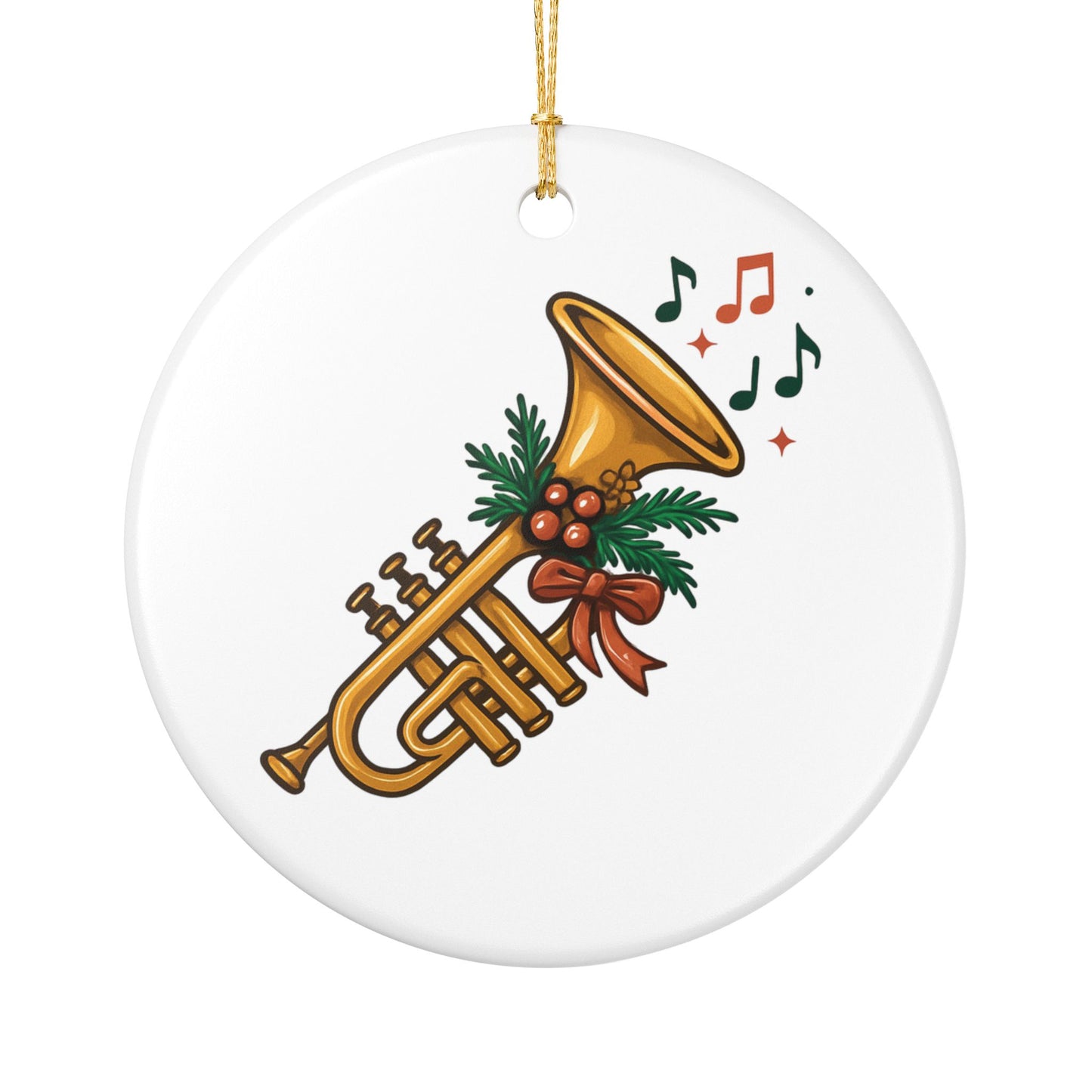 Trumpet Christmas Ornament — Festive Horn with Holly & Music Notes Ceramic Decoration