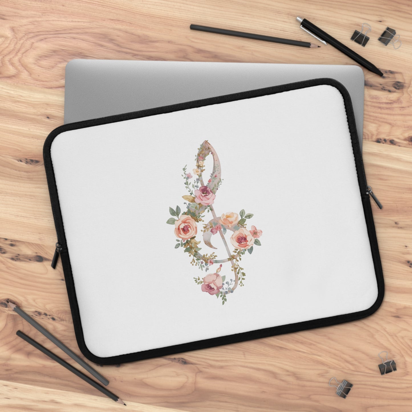 Floral Treble Clef Laptop Sleeve — Watercolor Rose Music Design