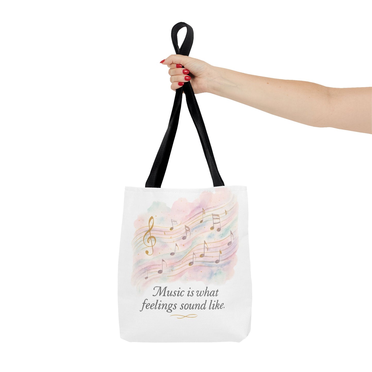 Music Quote Tote Bag — "Music is what feelings sound like" Watercolor Notes