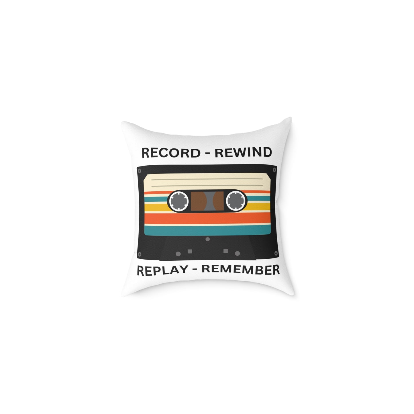Retro Cassette Tape Pillow — "Record • Rewind • Replay • Remember" Square Throw Pillow