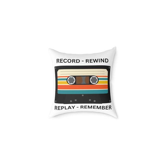 Retro Cassette Tape Pillow — "Record • Rewind • Replay • Remember" Square Throw Pillow