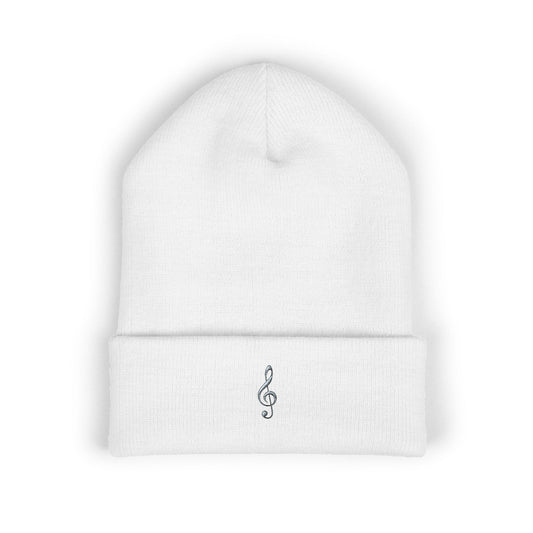 Embroidered Blue Treble Clef Cuffed Beanie — Music Lover Knit Hat
