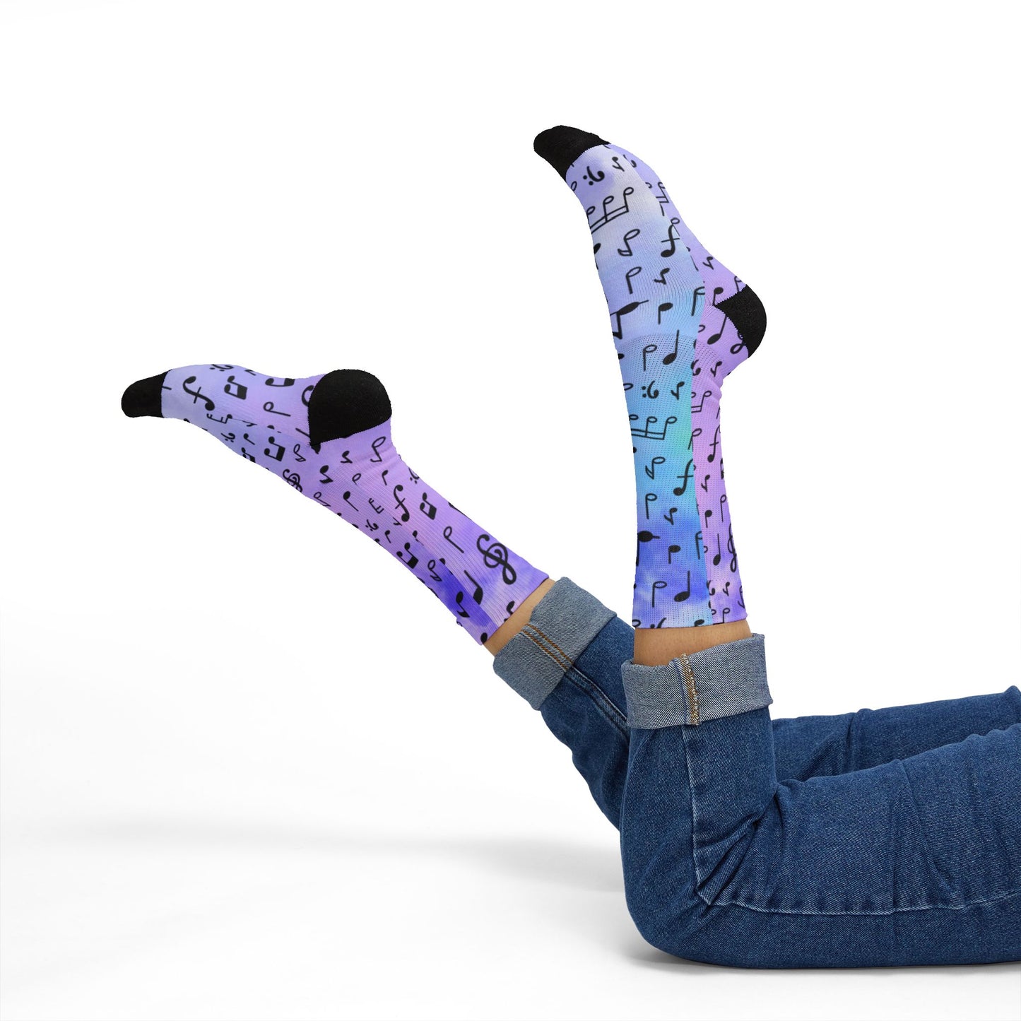 Music Notes Gradient Sublimation Socks — Purple Treble Clef Crew Socks