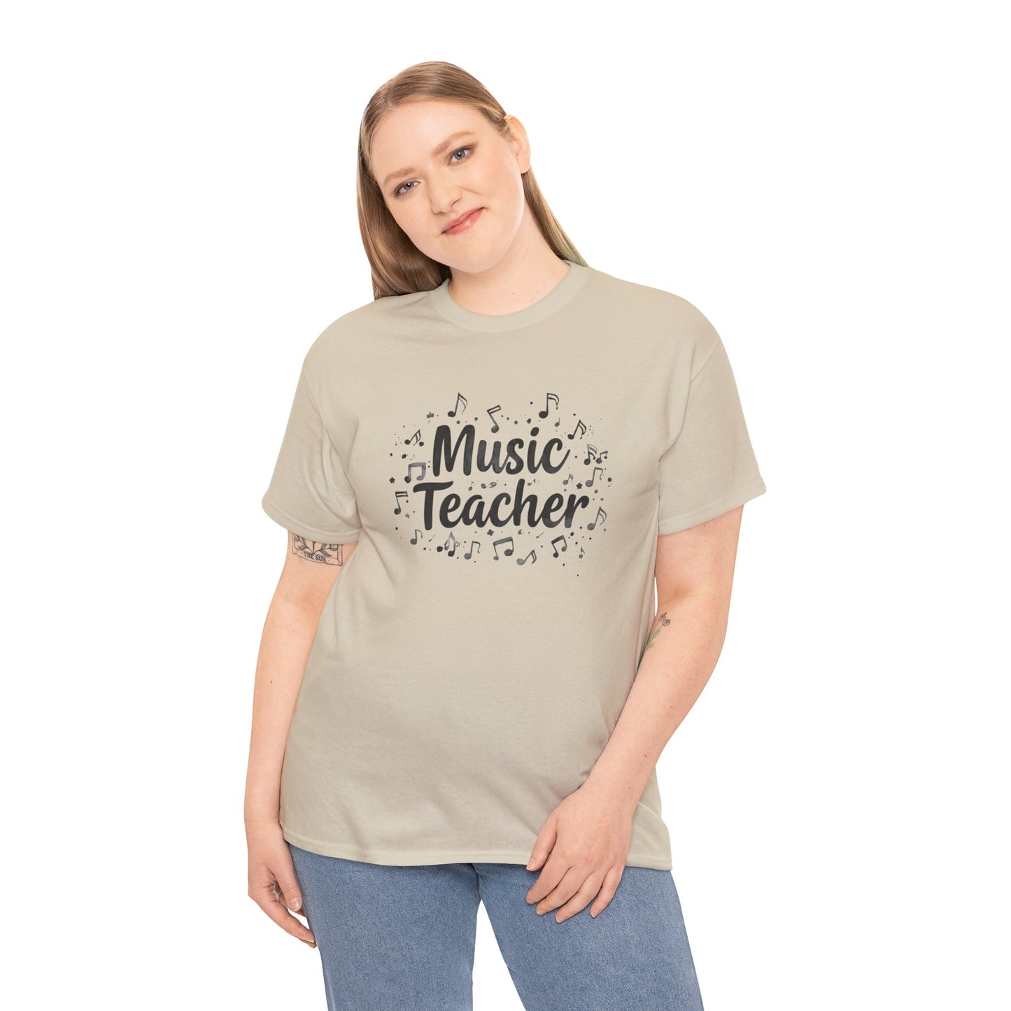 Music Teacher T-Shirt — Cute Script Design with Musical Notes