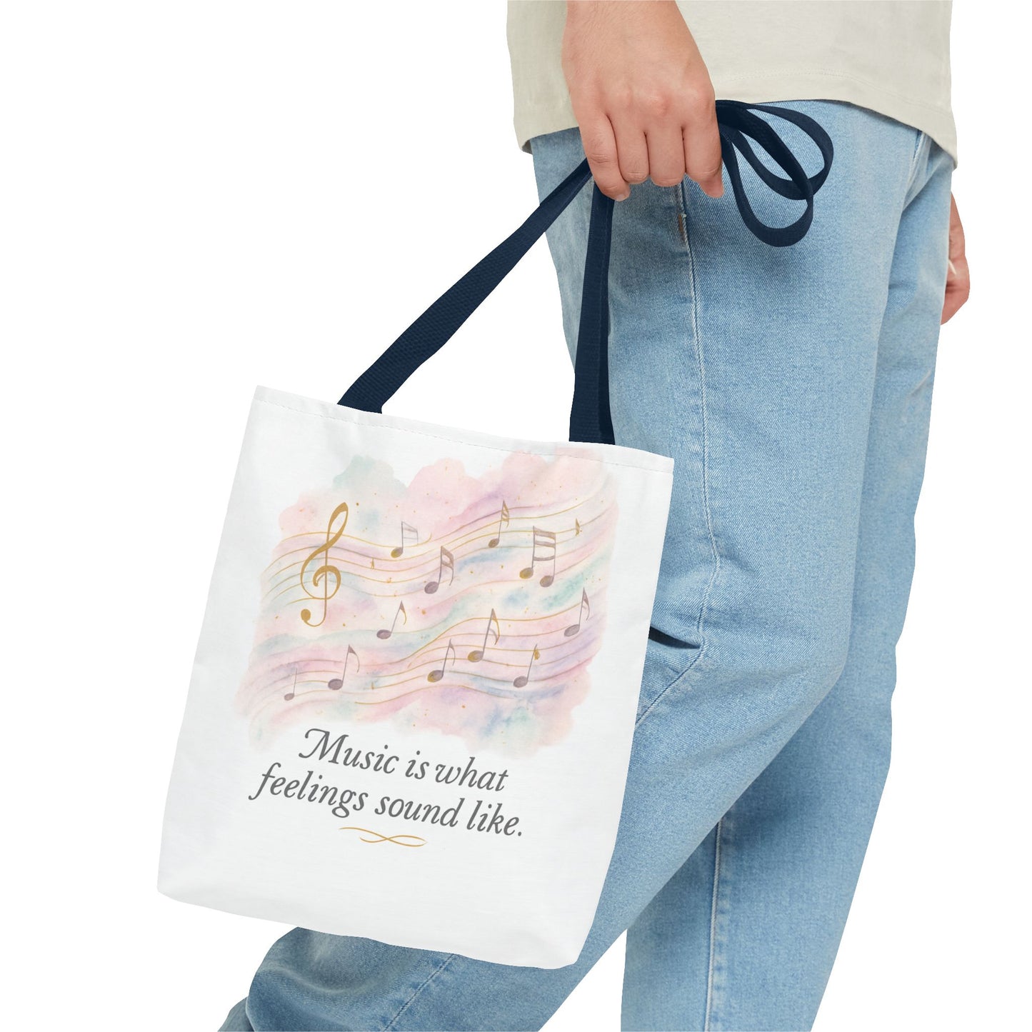 Music Quote Tote Bag — "Music is what feelings sound like" Watercolor Notes