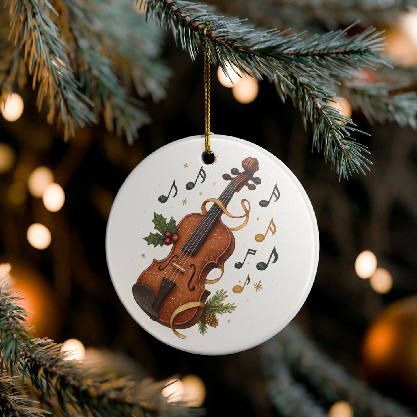 Violin Winter Ornament — Musical Holiday Ceramic Decoration