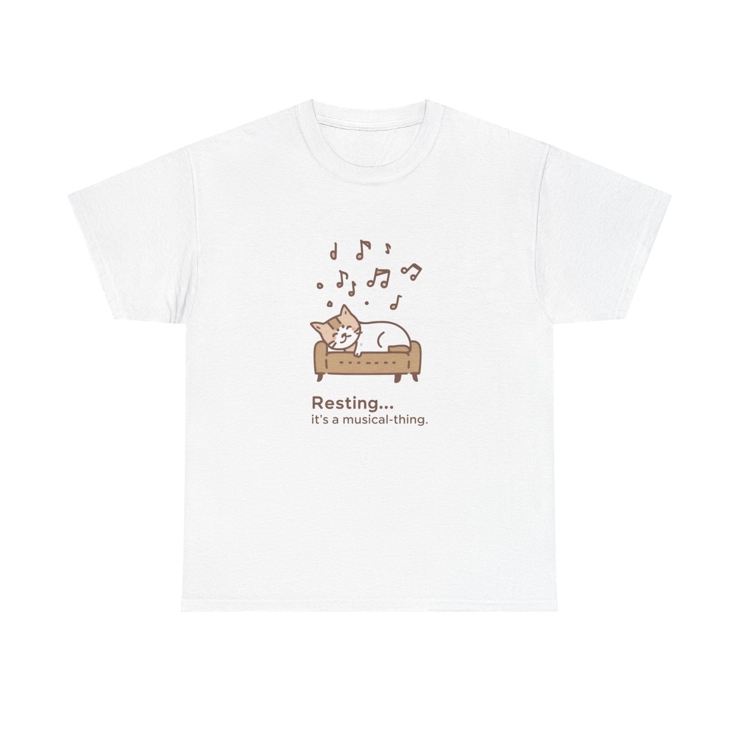T-Shirt — "Resting... it's a musical thing." Cute Sleeping Cat Music Tee