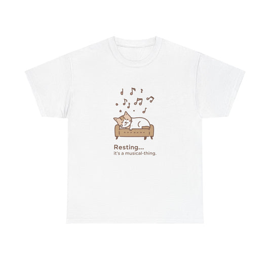 T-Shirt — "Resting... it's a musical thing." Cute Sleeping Cat Music Tee