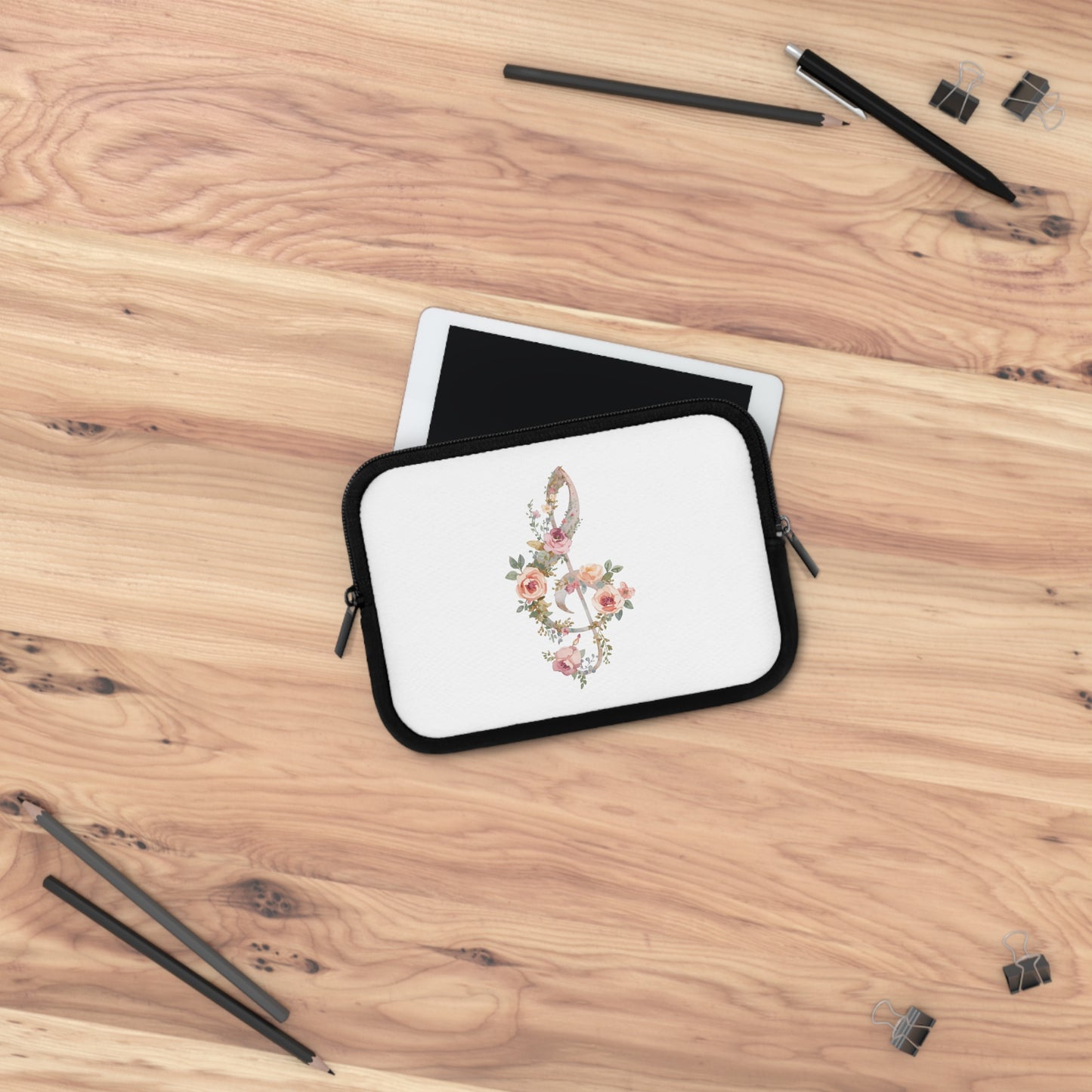 Floral Treble Clef Laptop Sleeve — Watercolor Rose Music Design