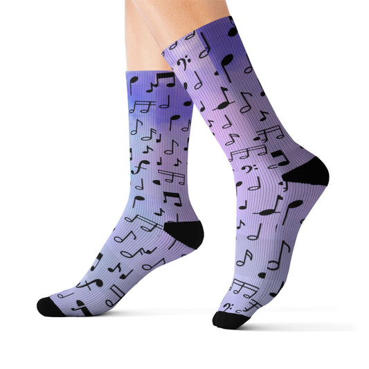 Music Notes Gradient Sublimation Socks — Purple Treble Clef Crew Socks