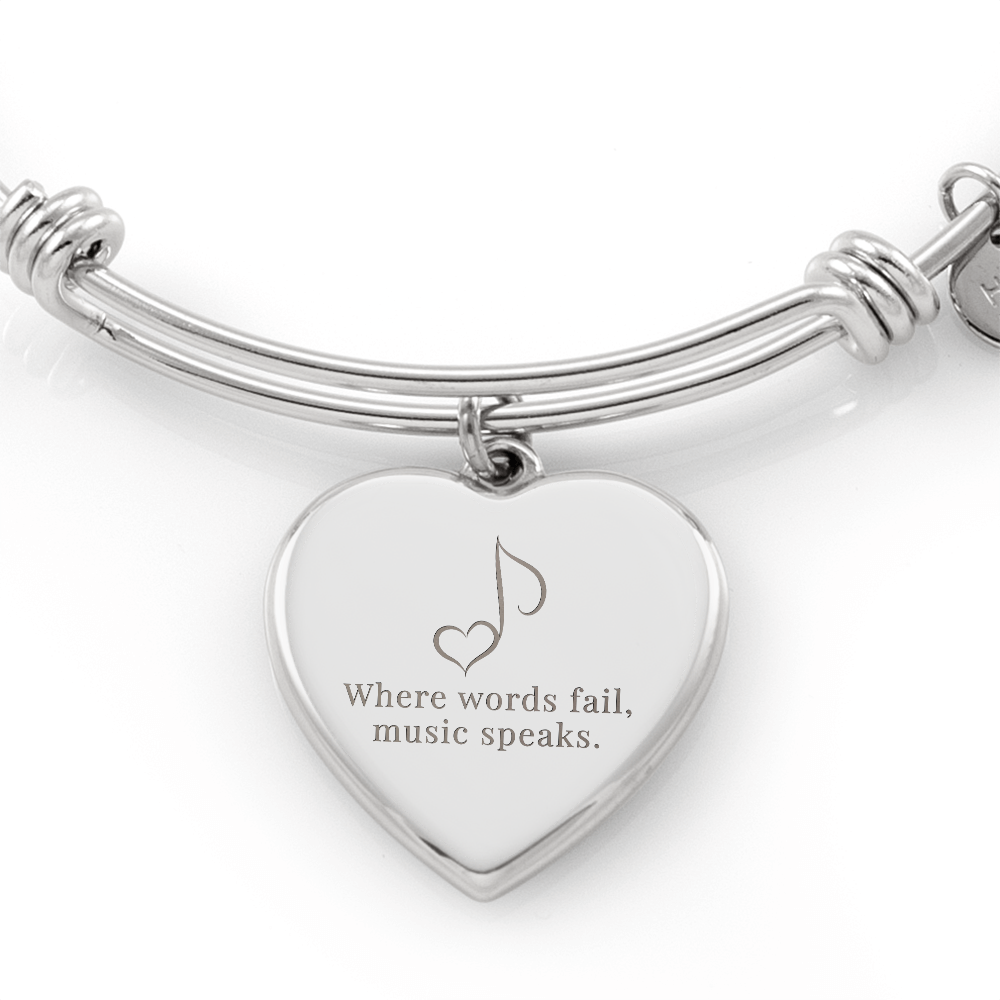 “Where Words Fail, Music Speaks” | Engraved Gift for Music Teachers & Students - Luxury Heart Bangle