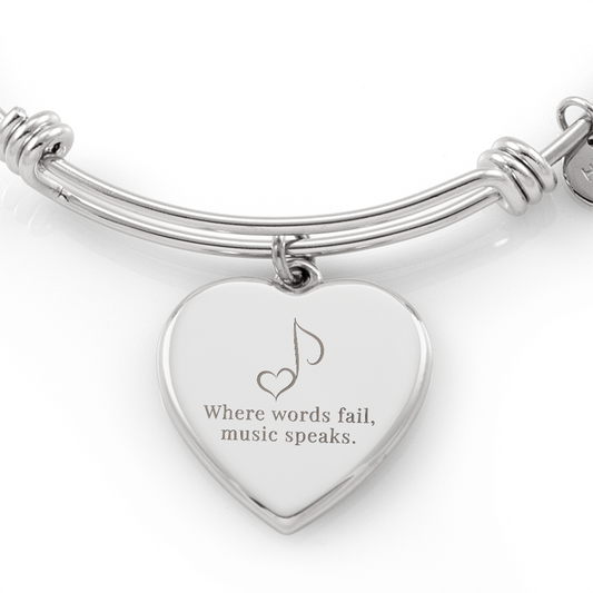 “Where Words Fail, Music Speaks” | Engraved Gift for Music Teachers & Students - Luxury Heart Bangle