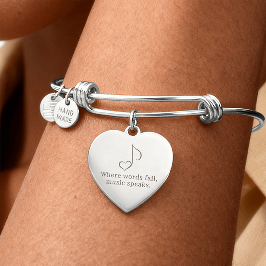 “Where Words Fail, Music Speaks” | Engraved Gift for Music Teachers & Students - Luxury Heart Bangle