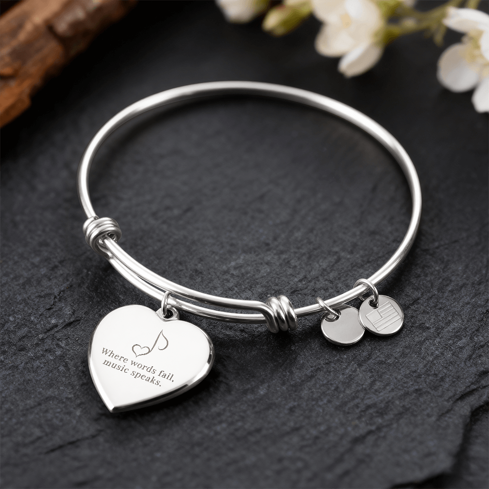 “Where Words Fail, Music Speaks” | Engraved Gift for Music Teachers & Students - Luxury Heart Bangle