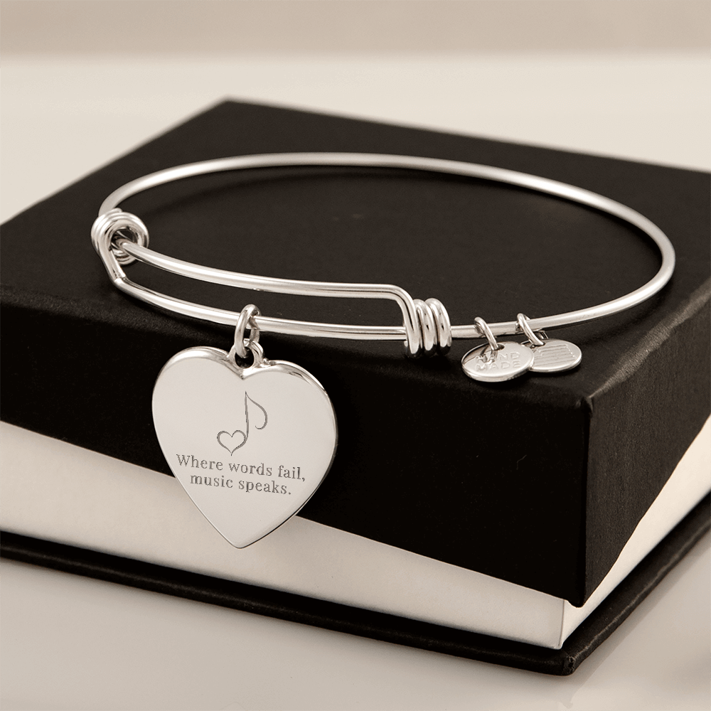 “Where Words Fail, Music Speaks” | Engraved Gift for Music Teachers & Students - Luxury Heart Bangle