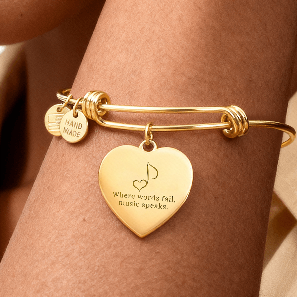 “Where Words Fail, Music Speaks” | Engraved Gift for Music Teachers & Students - Luxury Heart Bangle