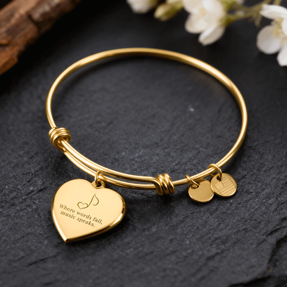 “Where Words Fail, Music Speaks” | Engraved Gift for Music Teachers & Students - Luxury Heart Bangle