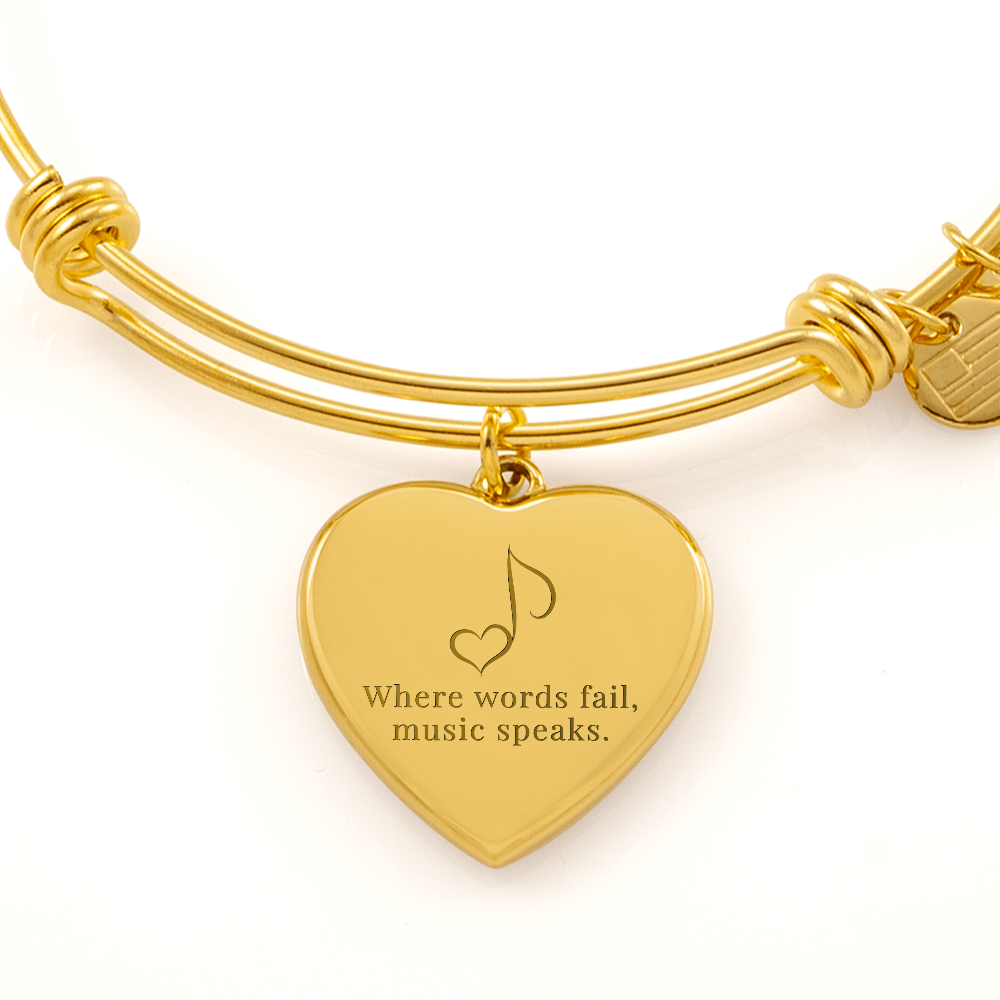“Where Words Fail, Music Speaks” | Engraved Gift for Music Teachers & Students - Luxury Heart Bangle